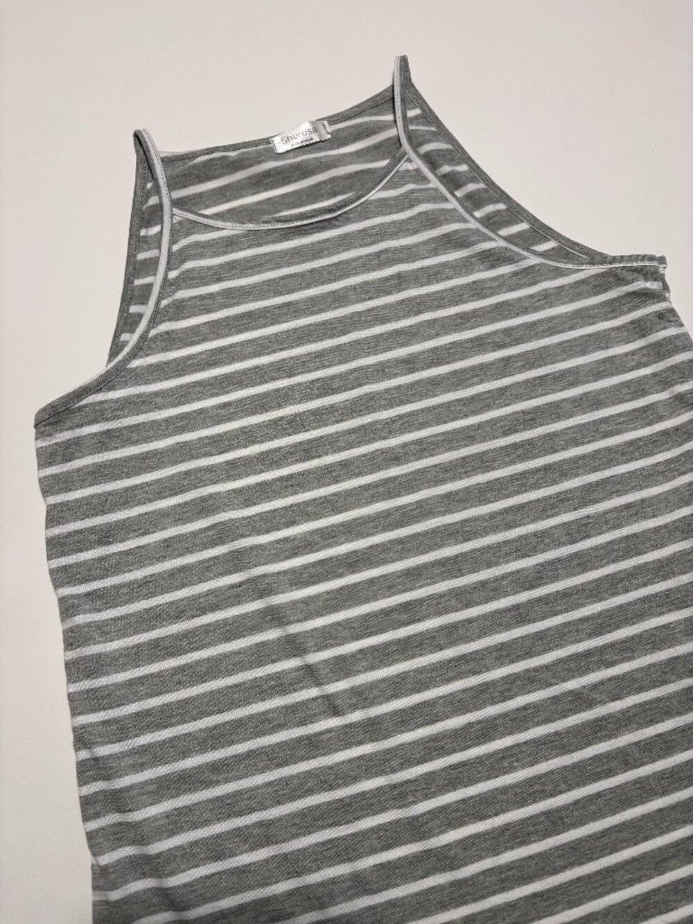 Sherosa Grey & White Stripe High Halter Cotton Tank Top